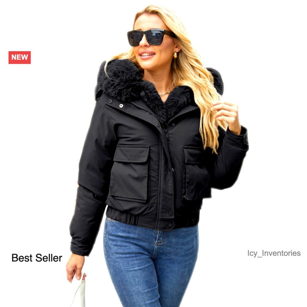 Thickened Puffer Jacket With Detachable Fur Hood Winter Warm Parka Coat
